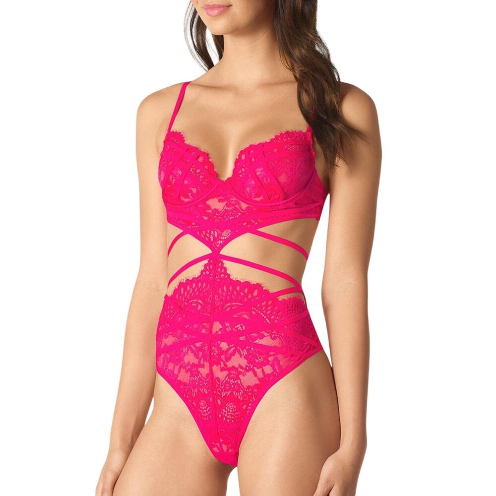 La Senza Bodysuit Medium Pink Lace Barbiecore Sexy Lingerie Flirty Sleepwear